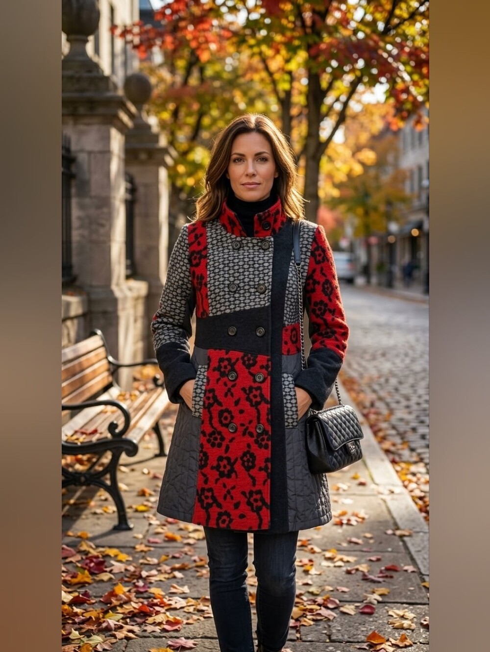 TRICOTTO Magnifique manteau en laine mi-long style patchwork et texturé